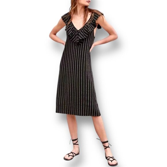 New Zara Size L Black Striped Ruffle V-Neck Midi Dress Sleeveless Open Back Boho - Picture 1 of 9